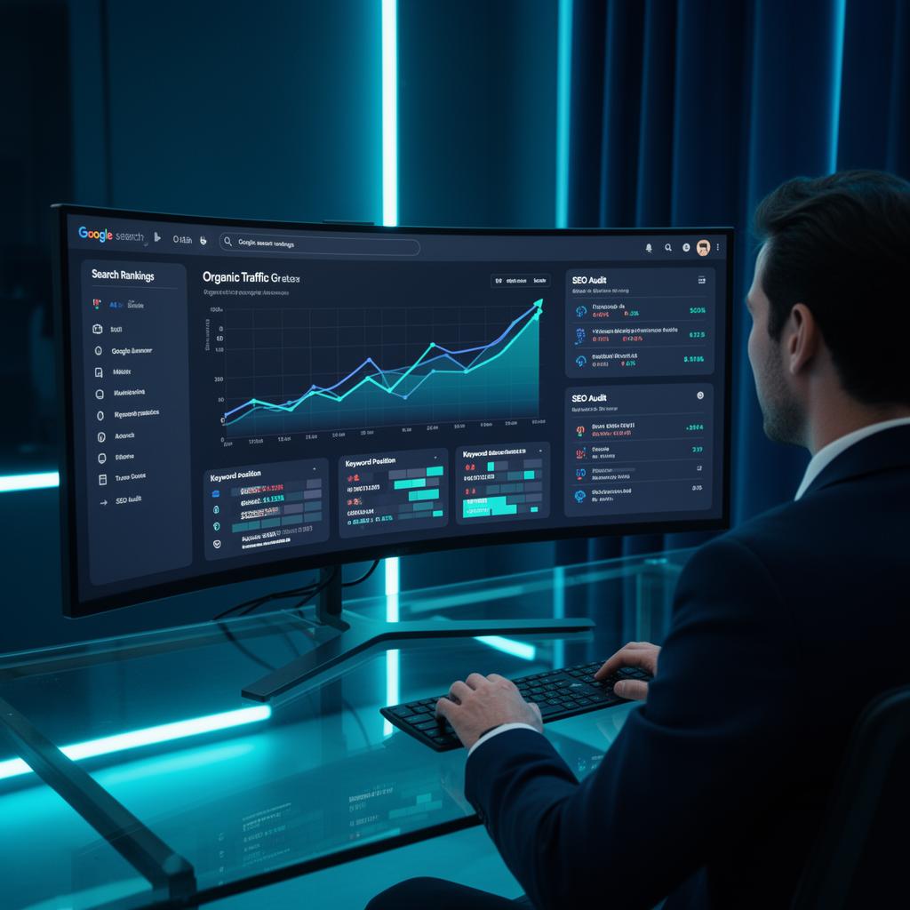 SEO analytics dashboard showing Google rankings and organic growth